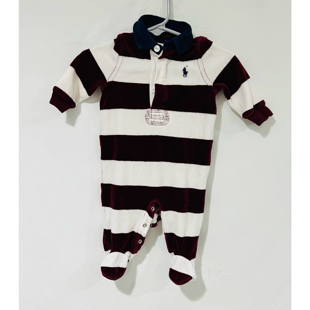 Ralph Lauren Baby Striped Rugby Onesie in Burgundy and White